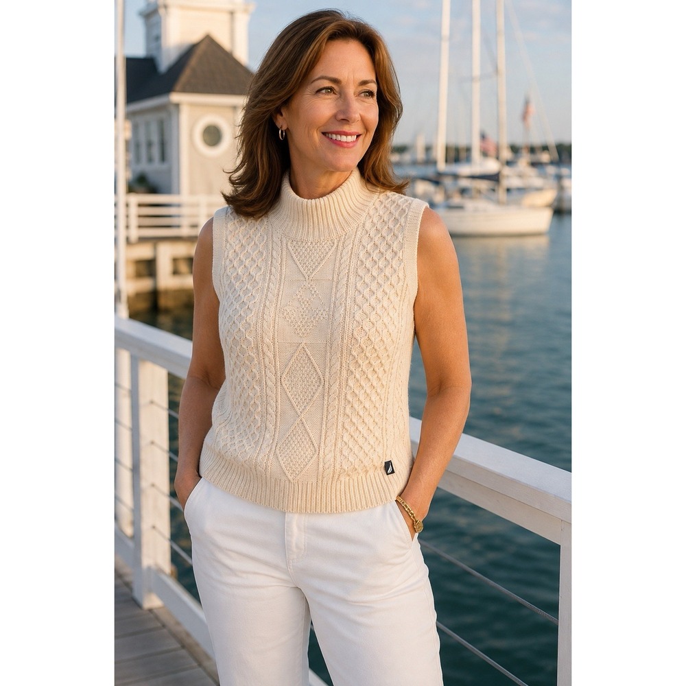 Nautica Size L, 100% cotton, Ivory Cable Knit Sleeveless Sweater. Coastal Preppy
